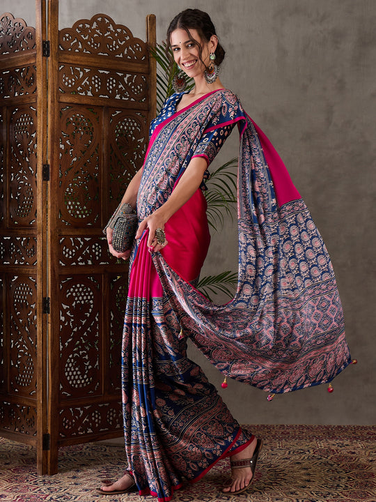 Pink Semi Modal Saree With Blouse Piece