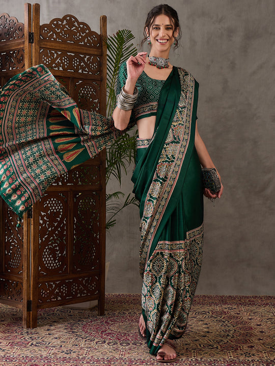 Green Semi Modal Saree With Blouse Piece