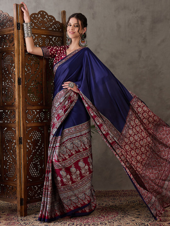 Blue Semi Modal Saree With Blouse Piece