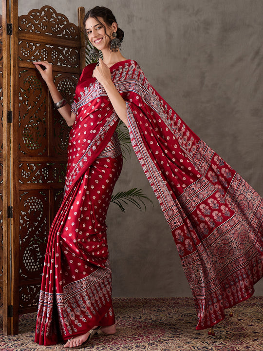 Red Semi Modal Saree With Blouse Piece
