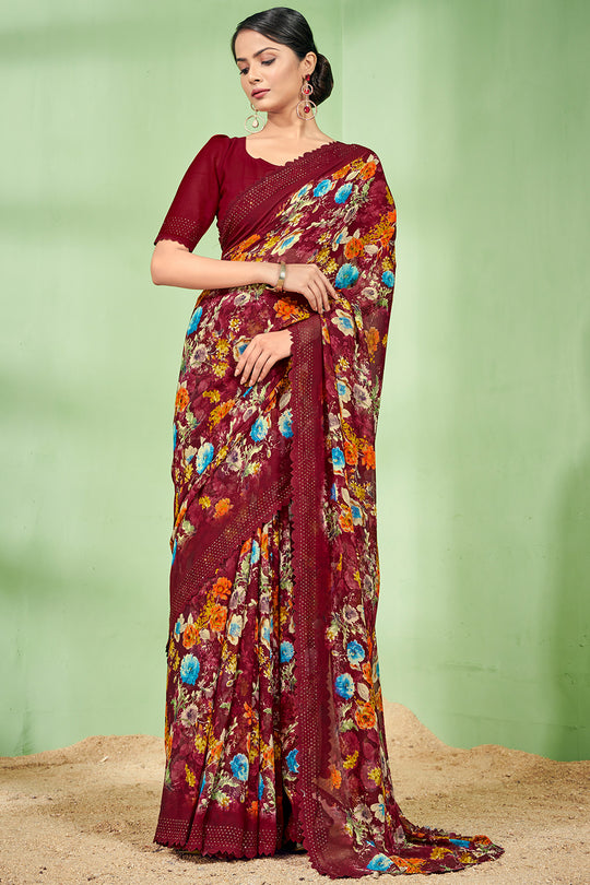 Dark Maroon Georgette Saree