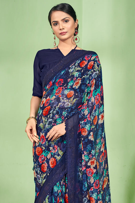 Navy Blue Georgette Saree