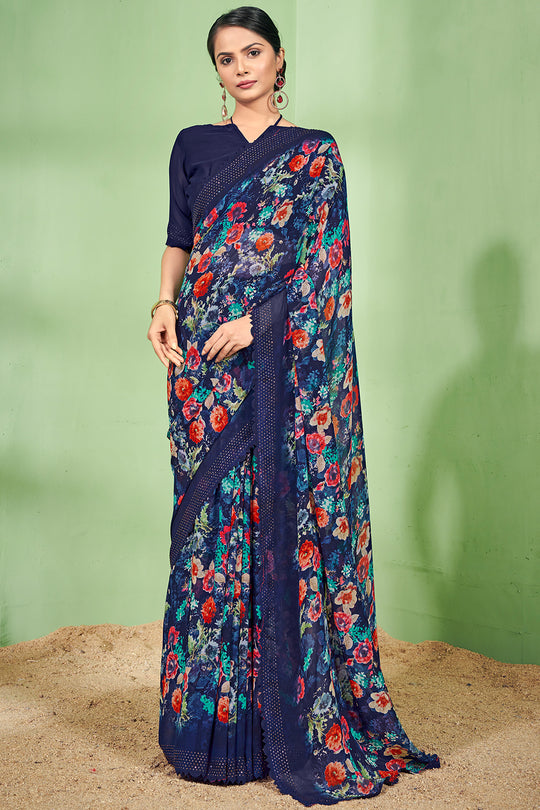 Navy Blue Georgette Saree