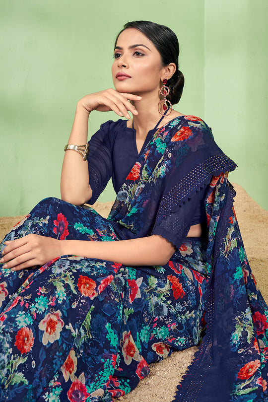 Navy Blue Georgette Saree
