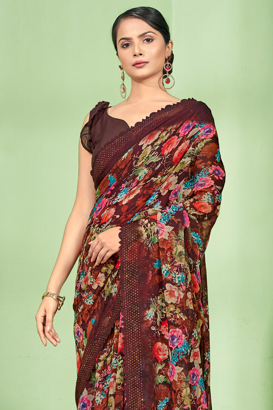 Chocolate Brown Georgette Saree