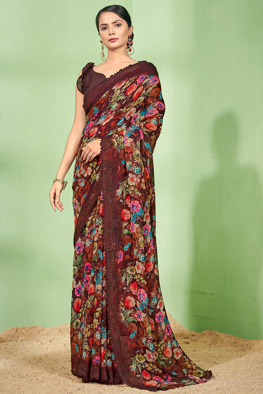 Chocolate Brown Georgette Saree