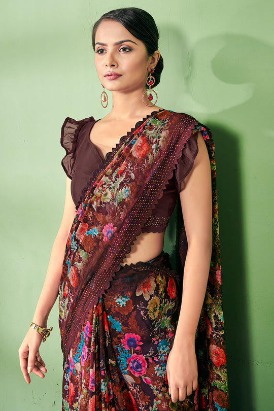 Chocolate Brown Georgette Saree