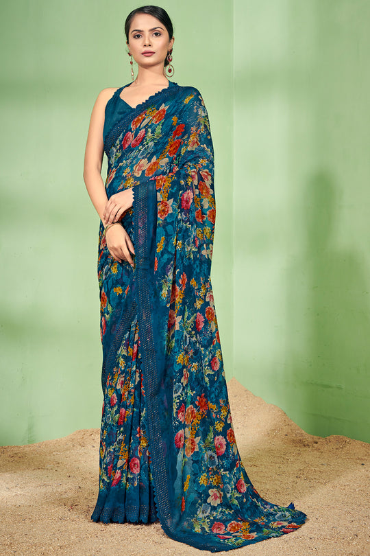 Ocean Blue Georgette Saree