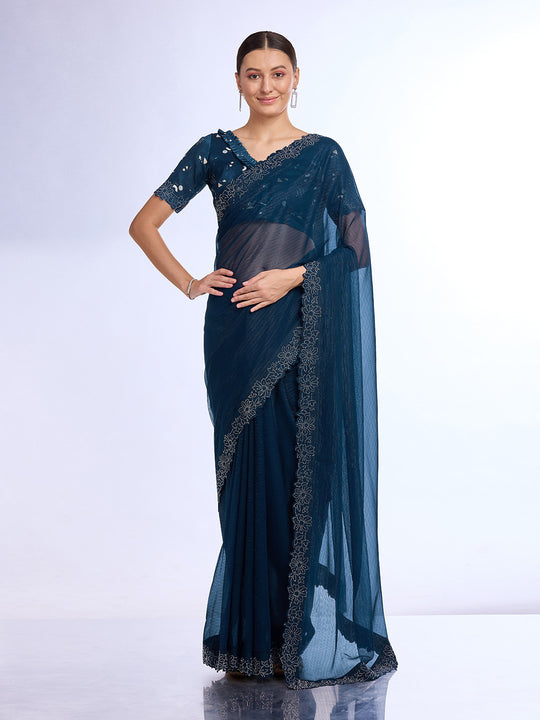 Blue Georgette Saree With Blouse Piece