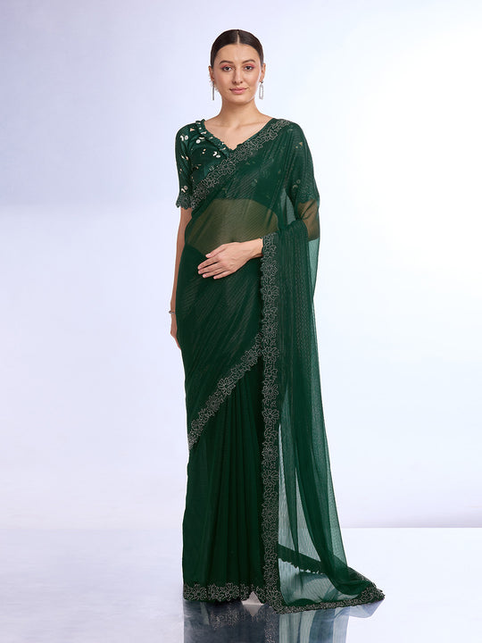 Bottle Green Georgette Saree With Blouse Piece