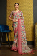 Beige Silk  Ethnic Motifs Printed Sequinned Saree