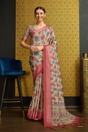 Beige Silk  Ethnic Motifs Printed Sequinned Saree