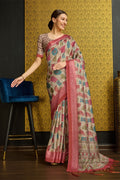 Beige Silk  Ethnic Motifs Printed Sequinned Saree