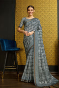 Grey Silk  Ethnic Motifs Printed Zari Saree