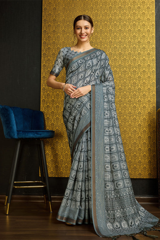 Grey Silk  Ethnic Motifs Printed Zari Saree