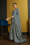 Grey Silk  Ethnic Motifs Printed Zari Saree