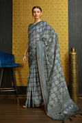 Grey Silk  Ethnic Motifs Printed Zari Saree