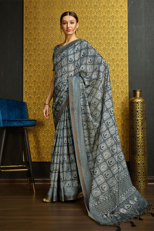 Grey Silk  Ethnic Motifs Printed Zari Saree