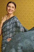 Grey Silk  Ethnic Motifs Printed Zari Saree