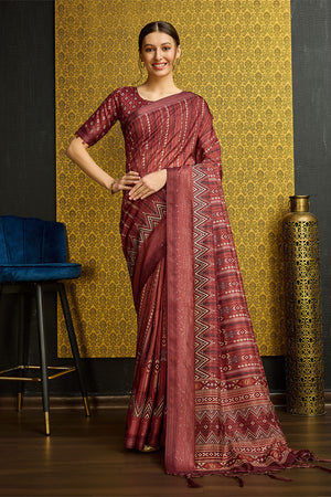 Maroon Silk  Striped Woven Design Saree