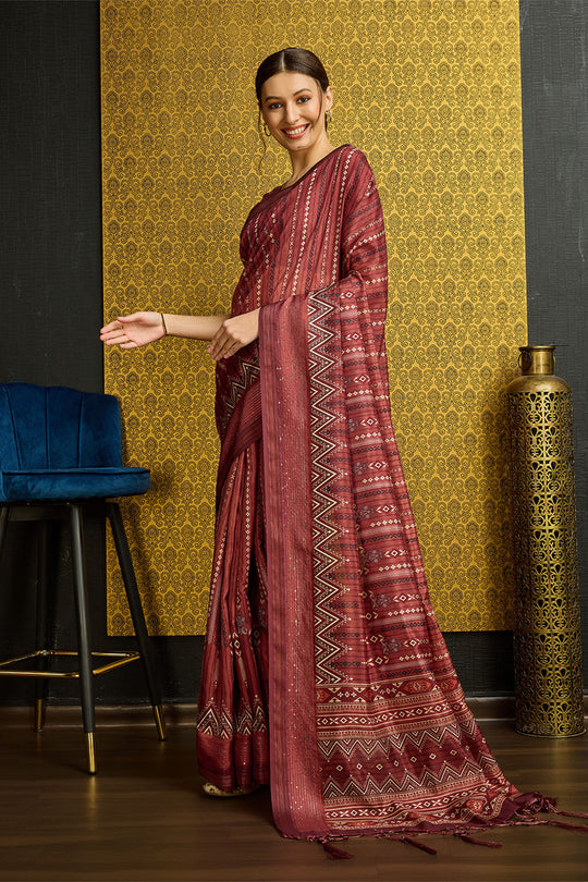 Maroon Silk  Striped Woven Design Saree