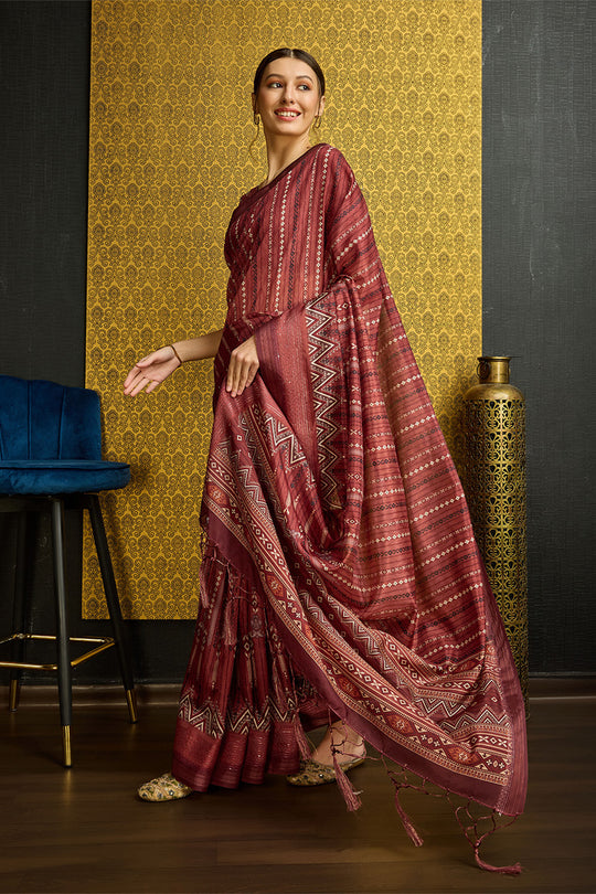 Maroon Silk  Striped Woven Design Saree