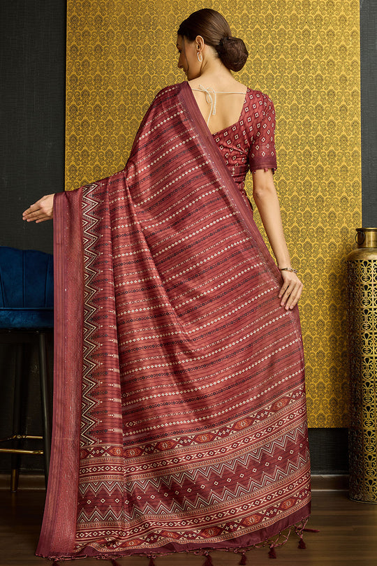 Maroon Silk  Striped Woven Design Saree