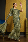 Green Silk Geometric Printed Sequinned Saree