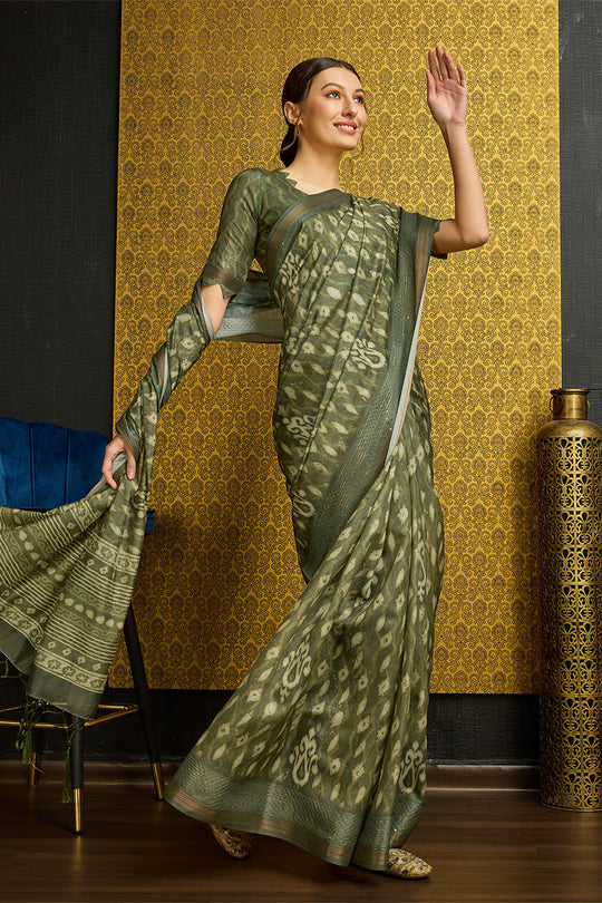 Green Silk Geometric Printed Sequinned Saree