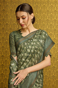 Green Silk Geometric Printed Sequinned Saree