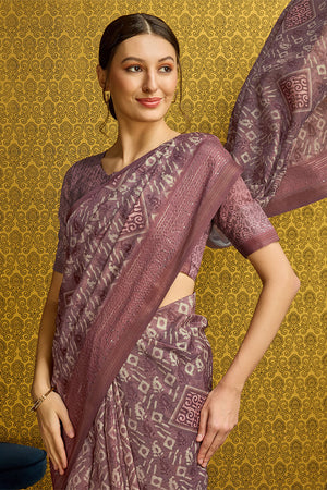 Purple Silk  Geometric Printed Saree