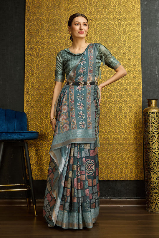 Green Silk  Geometric Printed Zari Saree