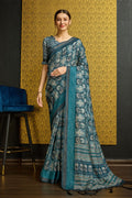 Teal Silk  Ethnic Motifs Printed Saree