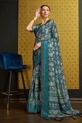 Teal Silk  Ethnic Motifs Printed Saree