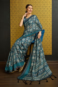 Teal Silk  Ethnic Motifs Printed Saree