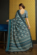 Teal Silk  Ethnic Motifs Printed Saree