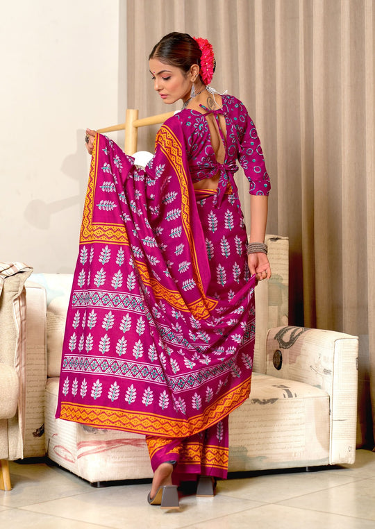 Pink Pure Mulmul Cotton Hand Block Print Sarees Saree With Blouse Piece