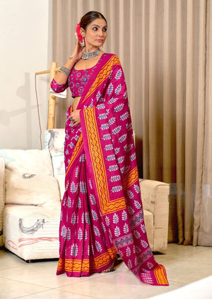 Pink Pure Mulmul Cotton Hand Block Print Sarees Saree With Blouse Piece