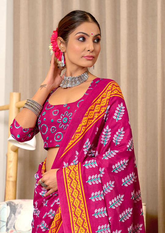 Pink Pure Mulmul Cotton Hand Block Print Sarees Saree With Blouse Piece