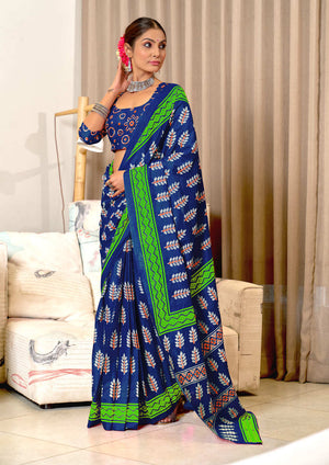 Blue Pure Mulmul Cotton Hand Block Print Sarees Saree With Blouse Piece