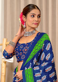 Blue Pure Mulmul Cotton Hand Block Print Sarees Saree With Blouse Piece