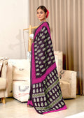 Purple Pure Mulmul Cotton Hand Block Print Sarees Saree With Blouse Piece