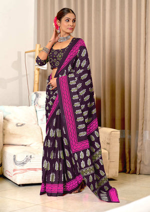 Purple Pure Mulmul Cotton Hand Block Print Sarees Saree With Blouse Piece