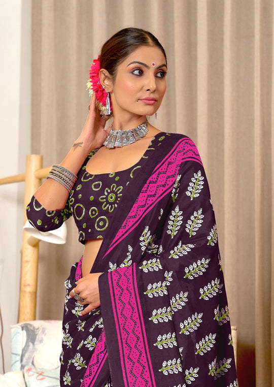 Purple Pure Mulmul Cotton Hand Block Print Sarees Saree With Blouse Piece