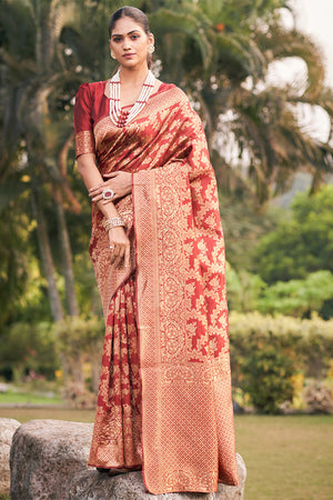 Womens Banarasi Silk Red Saree With Blouse Piece