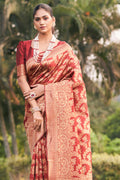 Womens Banarasi Silk Red Saree With Blouse Piece