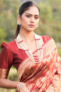 Womens Banarasi Silk Red Saree With Blouse Piece