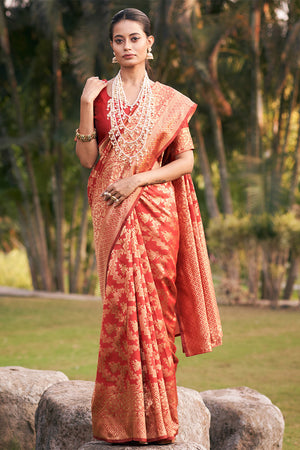 Womens Banarasi Silk Red Saree With Blouse Piece