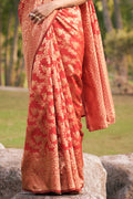 Womens Banarasi Silk Red Saree With Blouse Piece