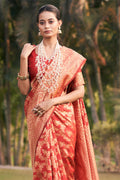 Womens Banarasi Silk Red Saree With Blouse Piece